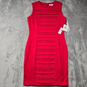 Calvin Klein Sleeveless Sheath Dress Womens 10 Red Pleated Detail Zipper NWT